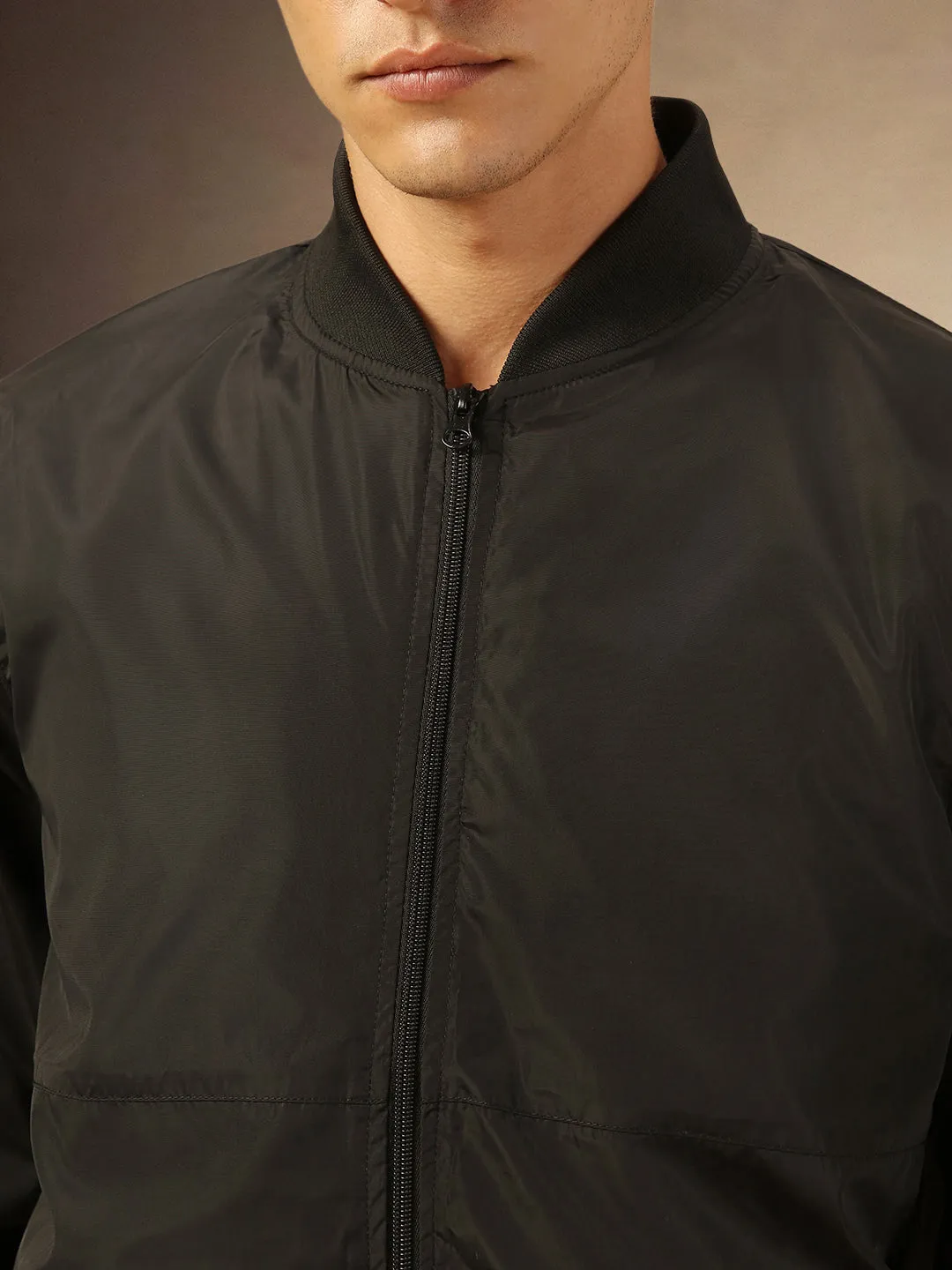 Men's Solid Black Rib Collar Full Sleeves Bomber Jacket