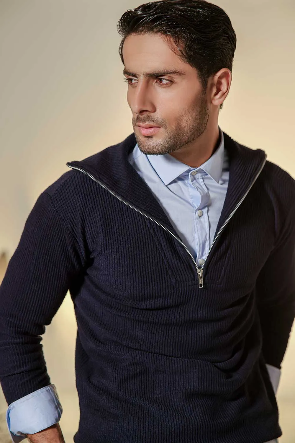 Navy Blue Fisherman Knit Zip Neck Jumper