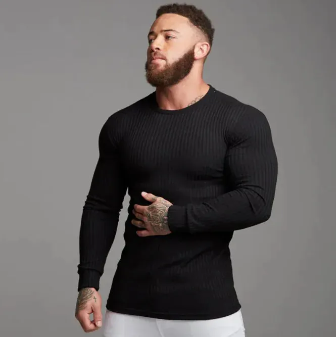 New Sports Bottoming Shirt Men's Fitness Casual Men's Slim Knit Sweater Long-Sleeved T-Shirt