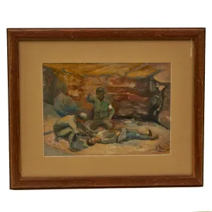 Original U.S. WWII Framed Painted Artwork of Medics Giving IV to Wounded Soldier in the Field - Signed - 18½ x 22¾”