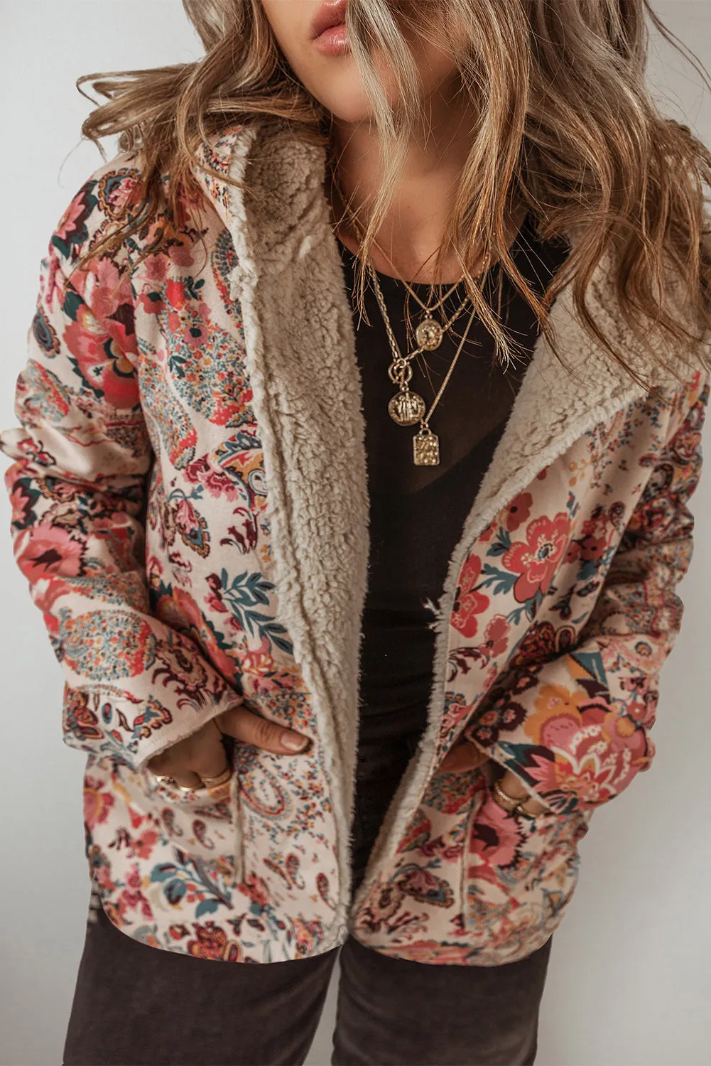 Paisley Floral Sherpa Lined Hooded Jacket