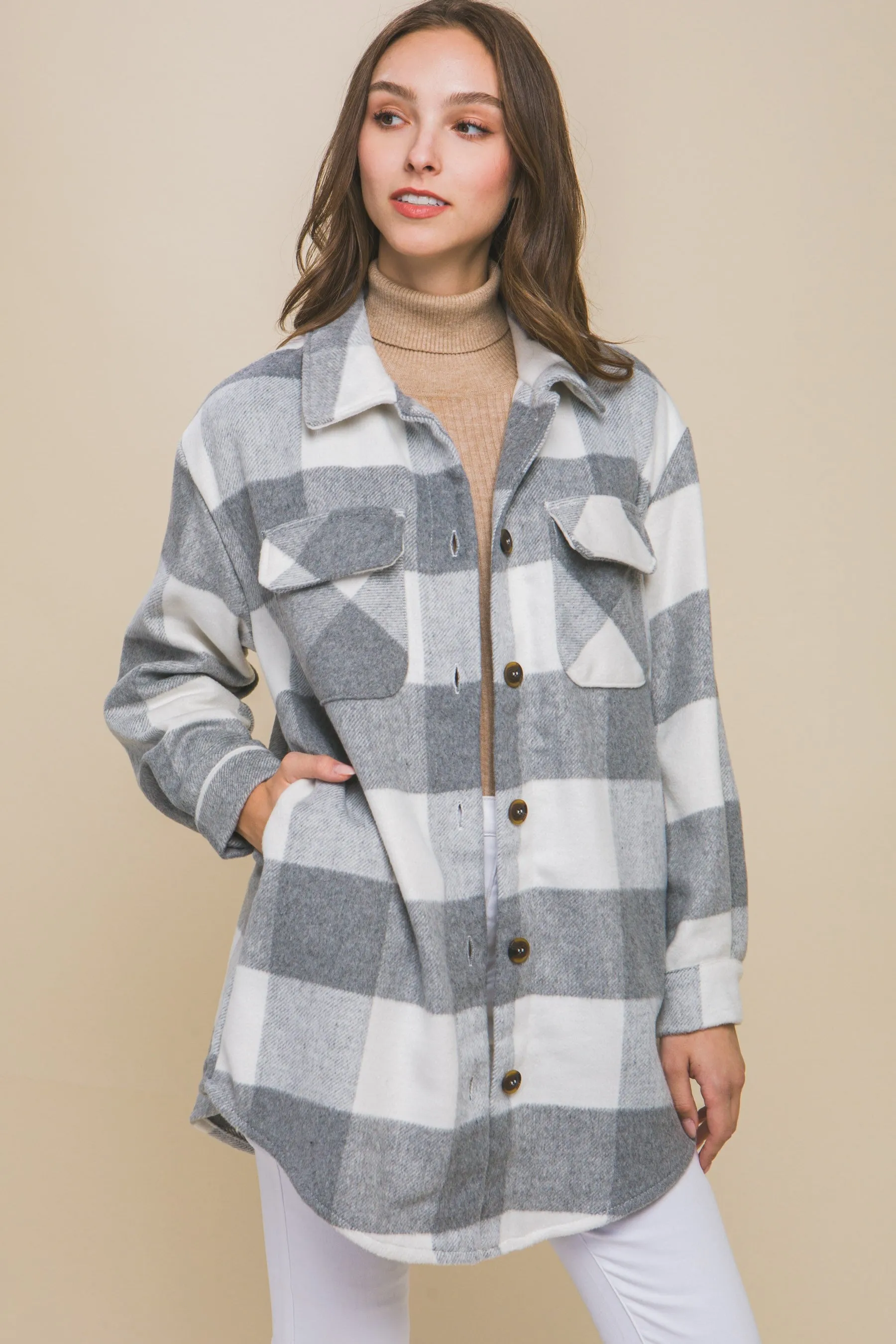 Plaid Long Pocket Shacket(Grey)