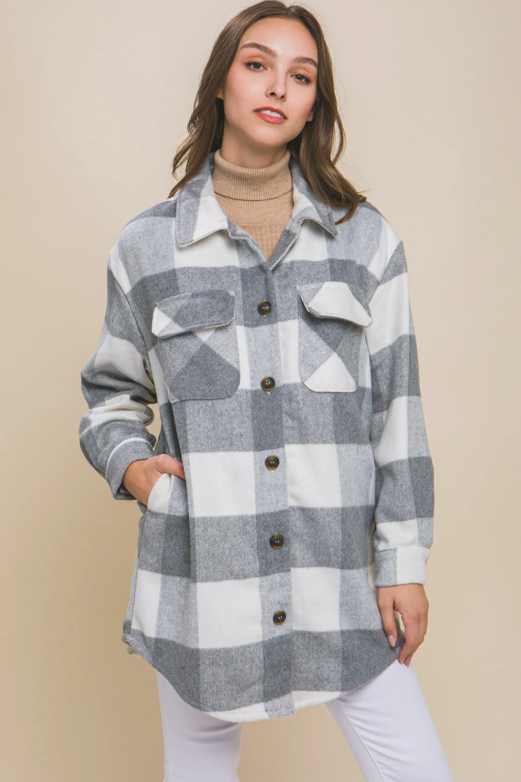 Plaid Long Pocket Shacket(Grey)