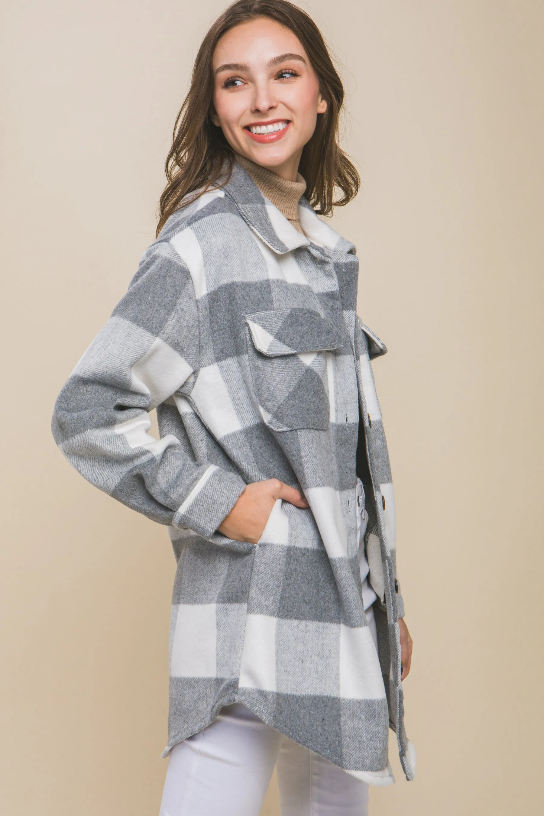 Plaid Long Pocket Shacket(Grey)