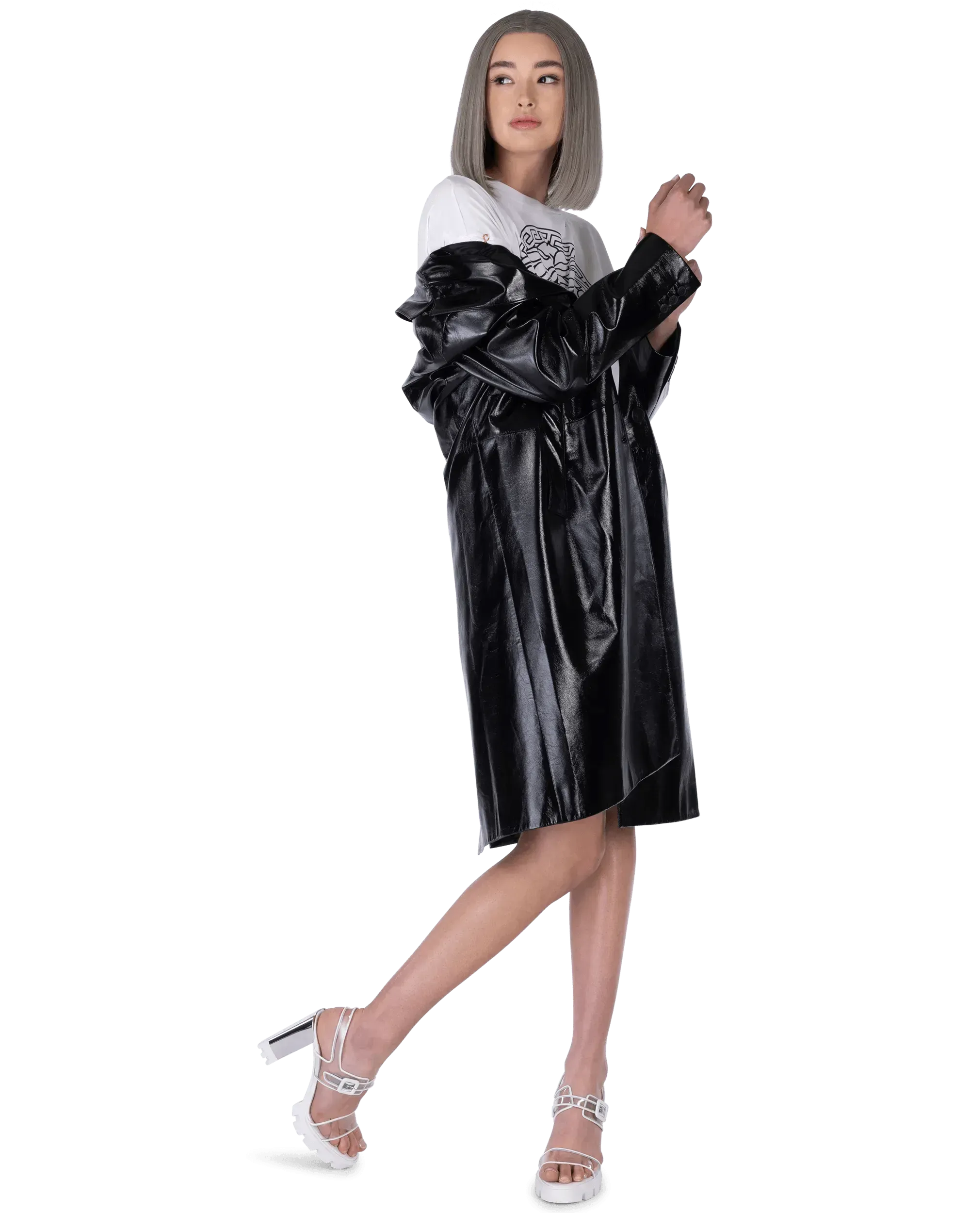 Relaxed Fit Patent Leather Coat