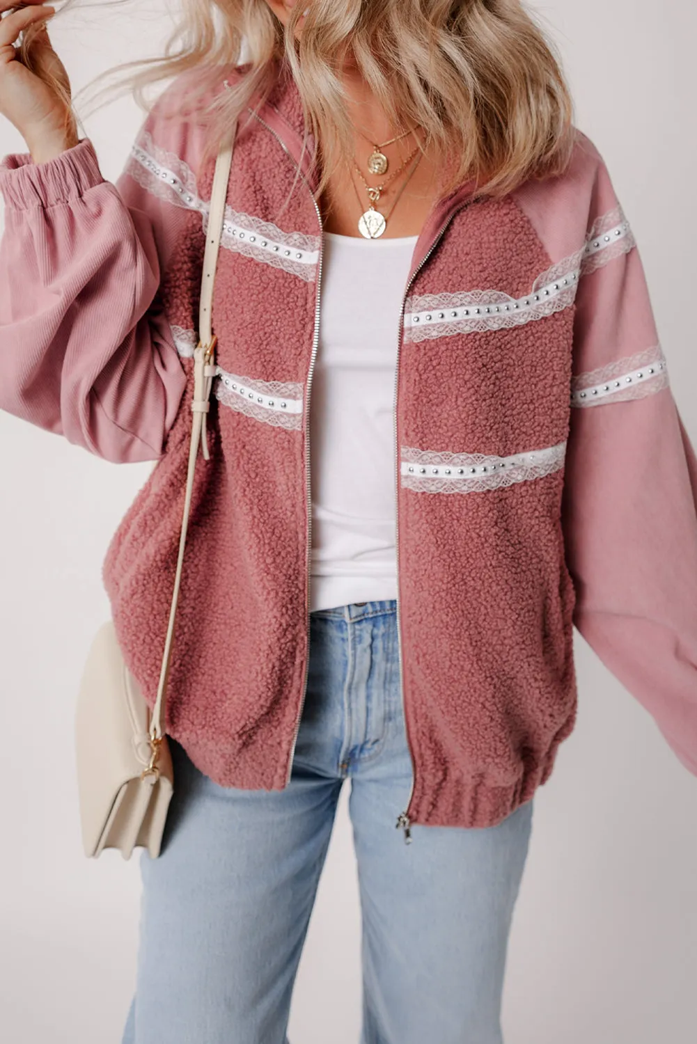 Sherpa Lace Elastic Cuff Zip Up Jacket