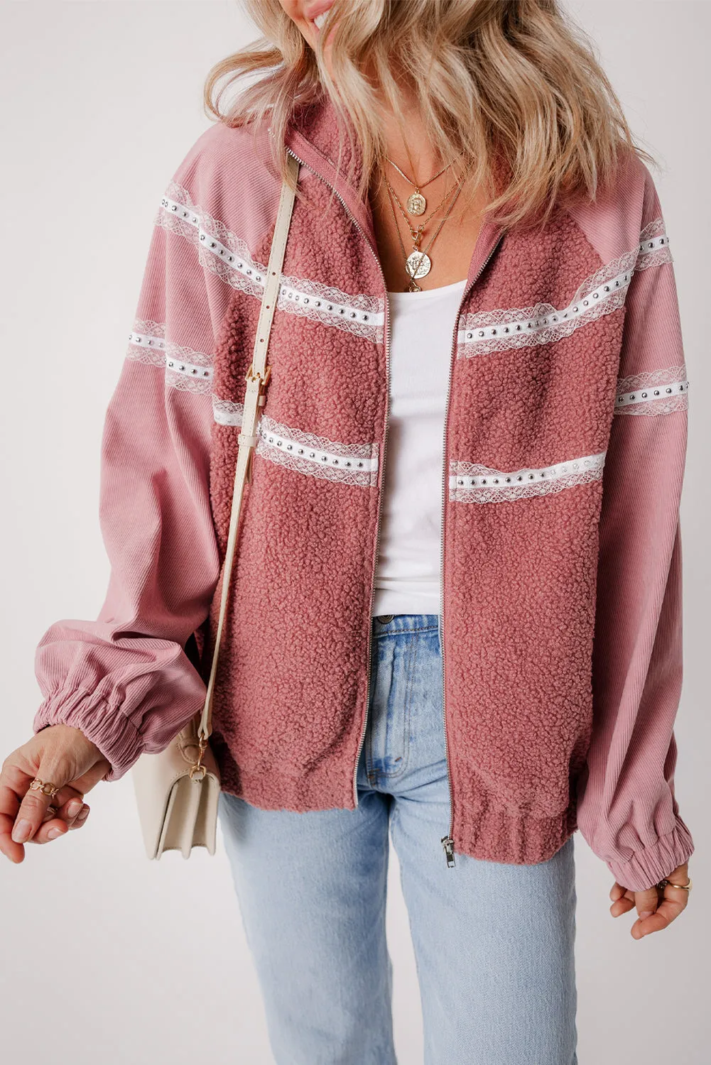 Sherpa Lace Elastic Cuff Zip Up Jacket