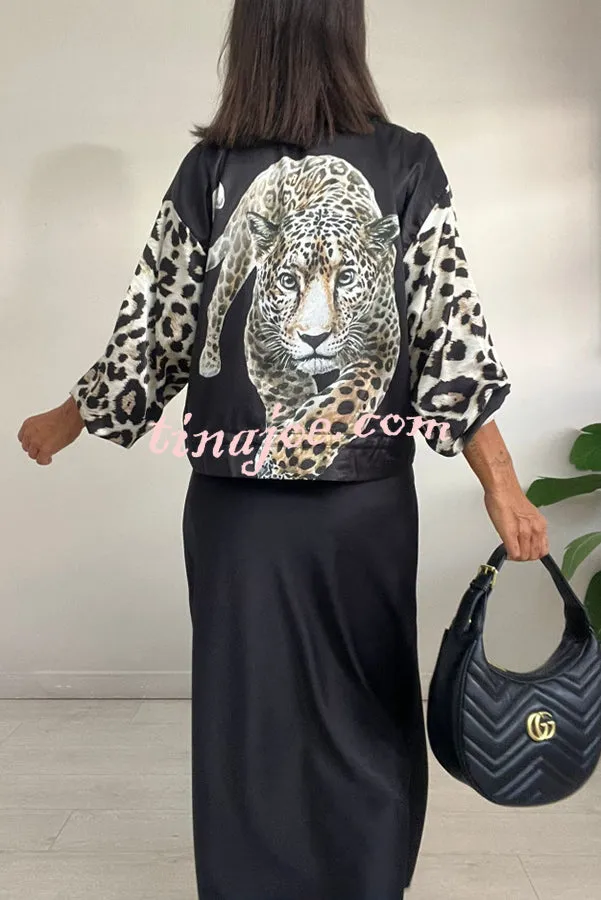 Shiloh Leopard Unique Print Zipper Drawstring Hem Bomber Jacket