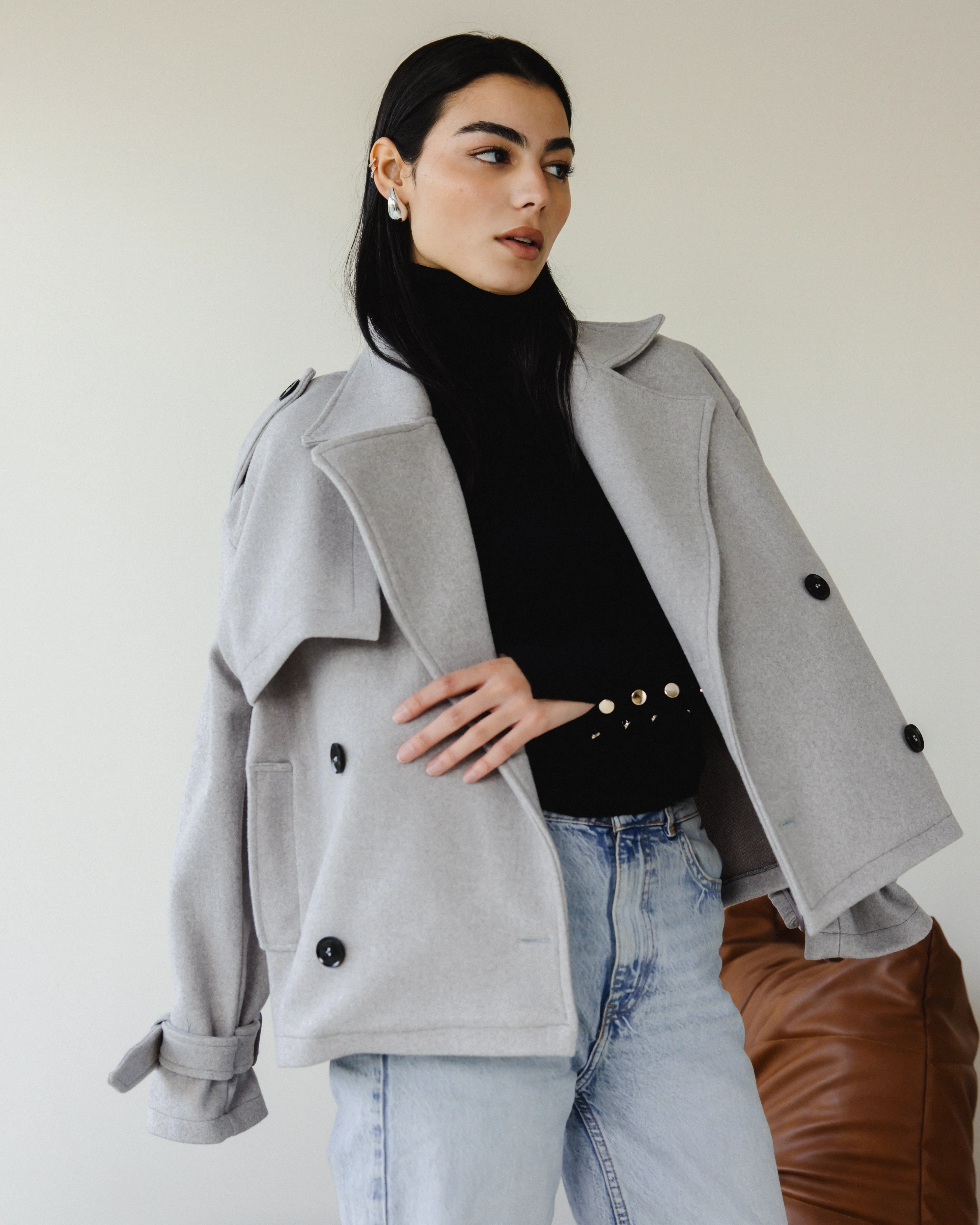 SHORT SOFT TRENCH COAT LIGHT GREY