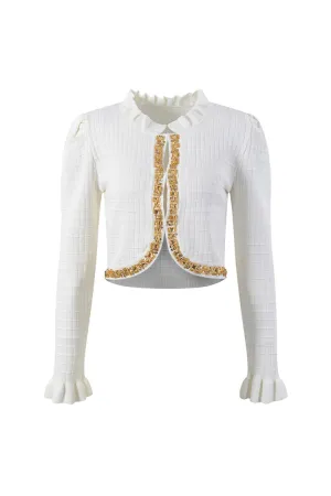 Sparkly Embellished Ruffle Trim Long Sleeve Ice Silk Knit Crop Cardigan