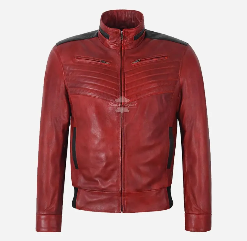 STOCKTON Men's Sports Bomber Leather Jacket Soft Waxed Leather