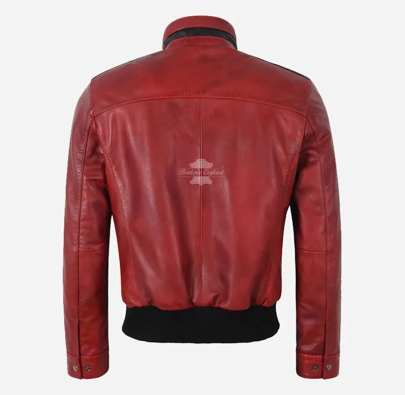 STOCKTON Men's Sports Bomber Leather Jacket Soft Waxed Leather