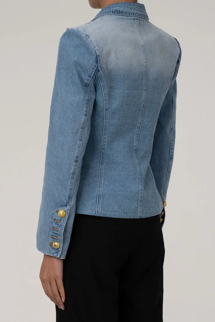 Structural Shoulder Pad Lapel Double Breasted Cinch Waist Faded Denim Blazer