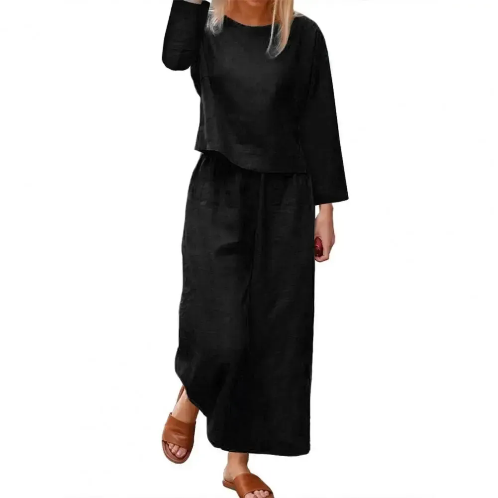 Stylish Women's Top & Pants Set | Long Sleeve Round Neck T-shirt & Elastic Waist Trousers | Casual Two-Piece Suit for Fall Office Wear