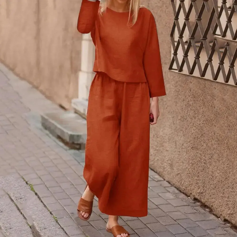 Stylish Women's Top & Pants Set | Long Sleeve Round Neck T-shirt & Elastic Waist Trousers | Casual Two-Piece Suit for Fall Office Wear