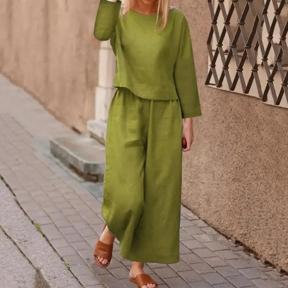 Stylish Women's Top & Pants Set | Long Sleeve Round Neck T-shirt & Elastic Waist Trousers | Casual Two-Piece Suit for Fall Office Wear