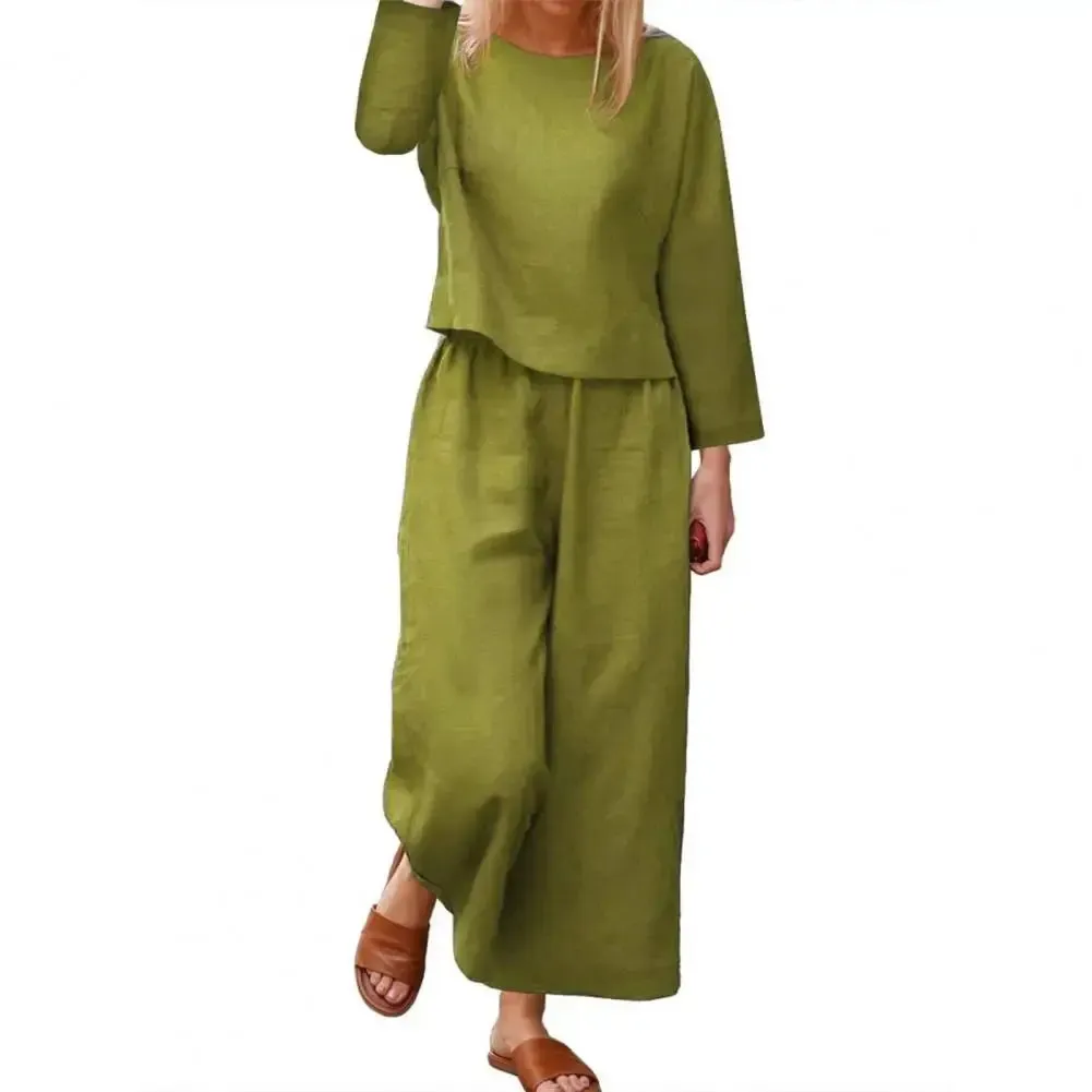 Stylish Women's Top & Pants Set | Long Sleeve Round Neck T-shirt & Elastic Waist Trousers | Casual Two-Piece Suit for Fall Office Wear