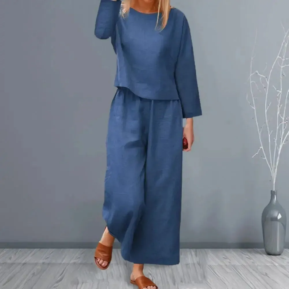 Stylish Women's Top & Pants Set | Long Sleeve Round Neck T-shirt & Elastic Waist Trousers | Casual Two-Piece Suit for Fall Office Wear