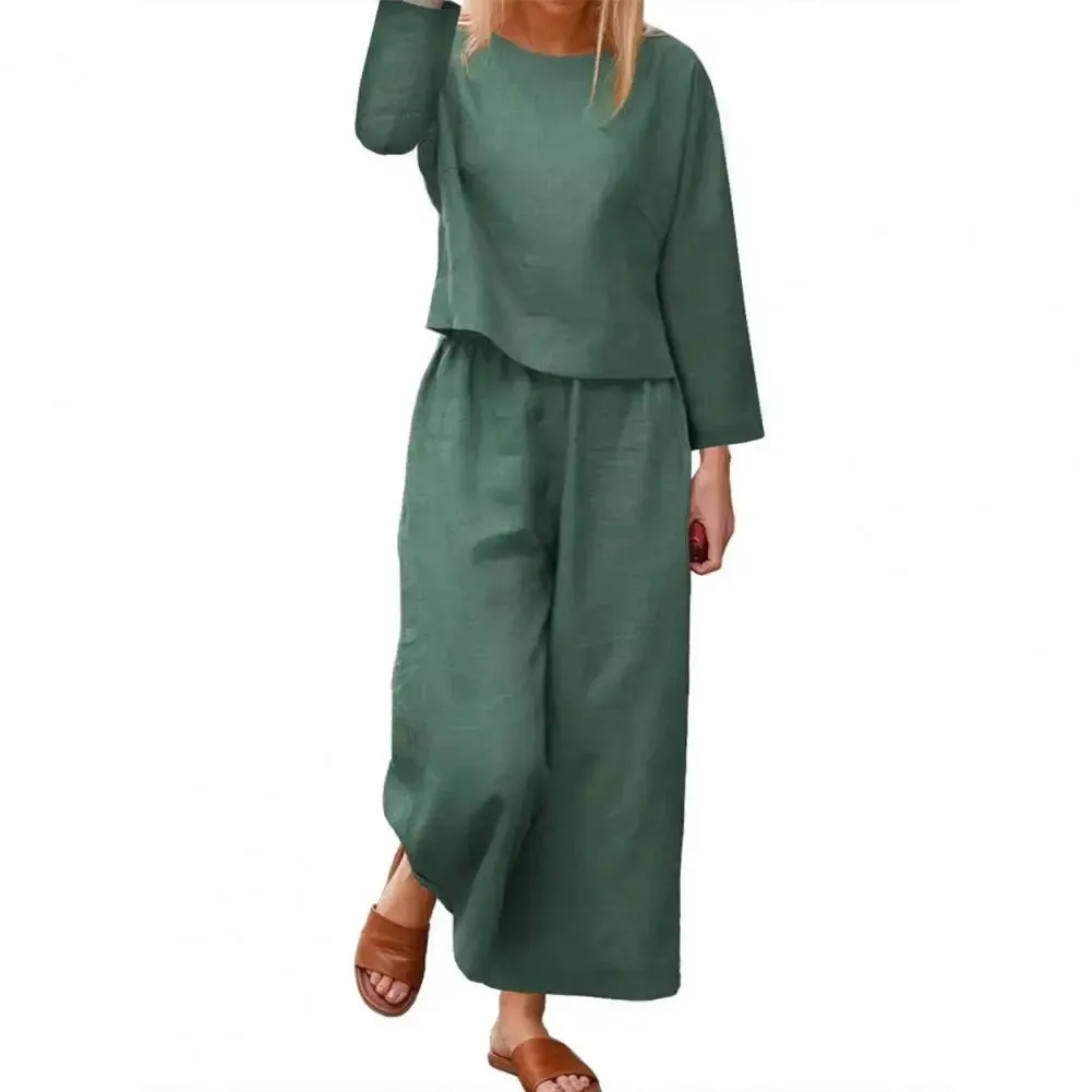 Stylish Women's Top & Pants Set | Long Sleeve Round Neck T-shirt & Elastic Waist Trousers | Casual Two-Piece Suit for Fall Office Wear