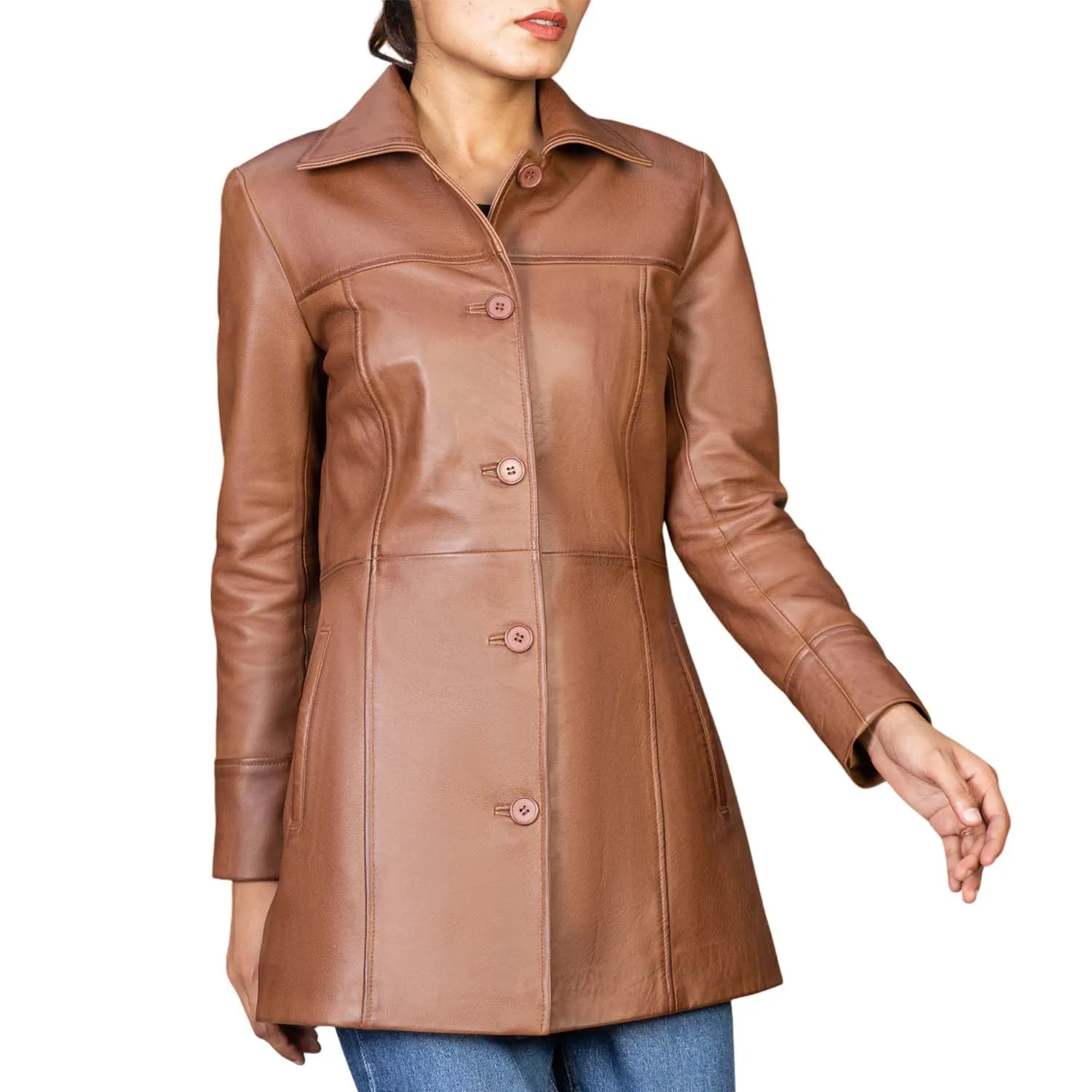 Women’s Real Leather 3/4 Length Car Coat